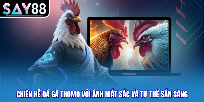 Chiến kê đá gà thomo với ánh mắt sắc và tư thế sẵn sàng