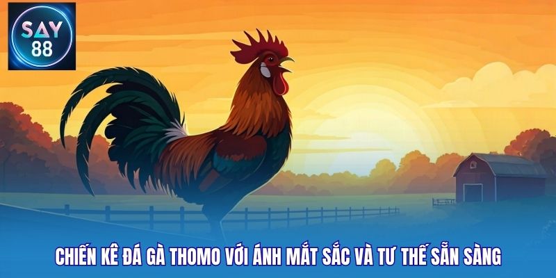Chiến kê đá gà thomo với ánh mắt sắc và tư thế sẵn sàng